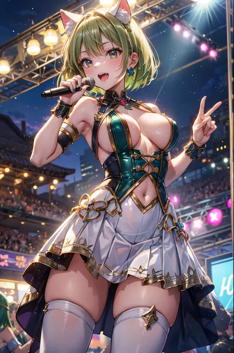 ((Idol woman singing a song)), ((white Skirt)), break, short hair, (((green hair1.5))), (cat ears a green), bob cut, (((4 defined fingers))), (((1 defined thumb))), (looking at viewer), break, sexy, ((solo)), (1 cute girl), ((highest quality)), ((masterpie...