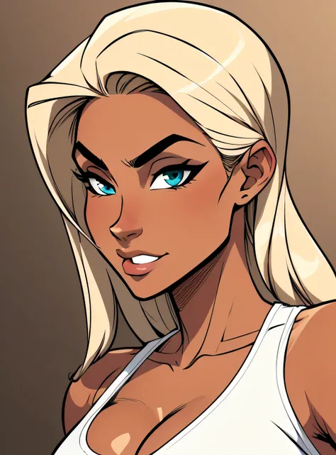 (cartoon style:1.2), Cartoon image of a Flat colors, close up, portrait of a 25 year old surfer looking girl, tan skin, beach blonde salty hair, natural beaty, beautiful, casual, see thru tank top, Cleavage, simply dark beige background