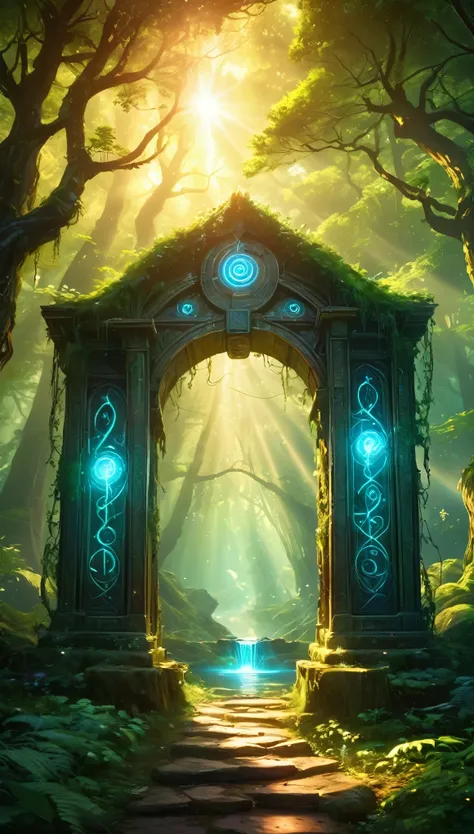 (anime, fantasy, portal),(best quality, highres, HDR:1.2),vibrant colors,mysterious atmosphere,magical portal,mystical creatures,enchanted forest,glowing runes,ethereal light,fantastical landscapes