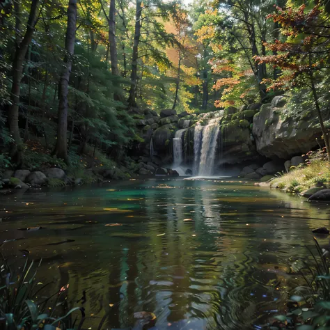 Amidst a forest alive with the vibrant colors of autumn, a winding path leads to a hidden waterfall, its cascading waters creating a symphony of sound amidst the serene surroundings. The image should showcase the rich colors of the autumn foliage, with the...