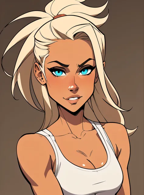 (cartoon style:1.2), Cartoon image of a Flat colors, close up, portrait of a 25 year old surfer looking girl, tan skin, beach blonde salty hair, natural beaty, beautiful, casual, see thru tank top, Cleavage, simply dark beige background