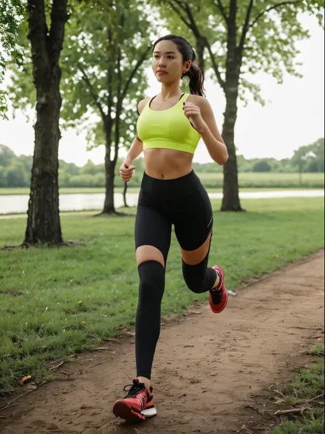 1 girl, wear tight mini sport bra, mini legging, in a park, bob hair, jogging, running, wet skin, realistic, hyperrealistic, ult...