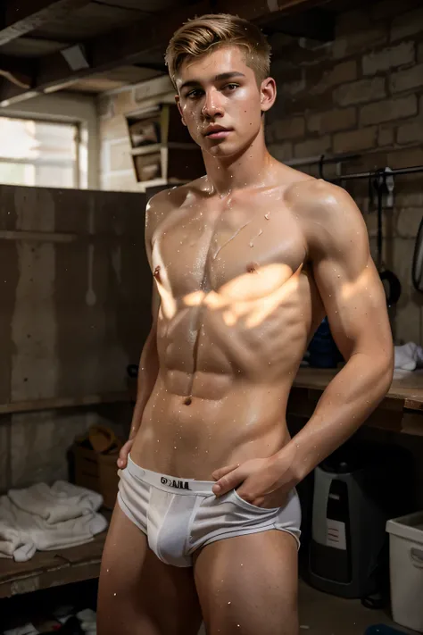 a lean shirtless 19-year old caucasian boy wearing a white underwear, short blonde hair, youthful face, drenched in sweat, sweating profusely, in the basement 