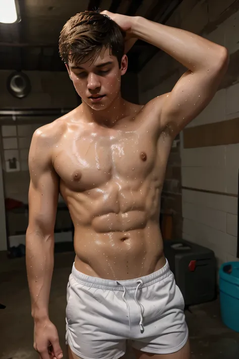 a lean shirtless 19-year old caucasian boy wearing a white shorts, short brown hair, youthful face, drenched in sweat, sweating profusely, in the basement 