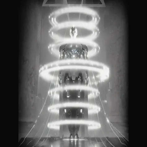 Black and white photo of a man standing in front of a spiral object, A meditating bionic man, Fritz Lang《Big city》, Cyberpunk Zen Meditation, Science Fiction in 1927, german expressionism, Cosmic energy lines