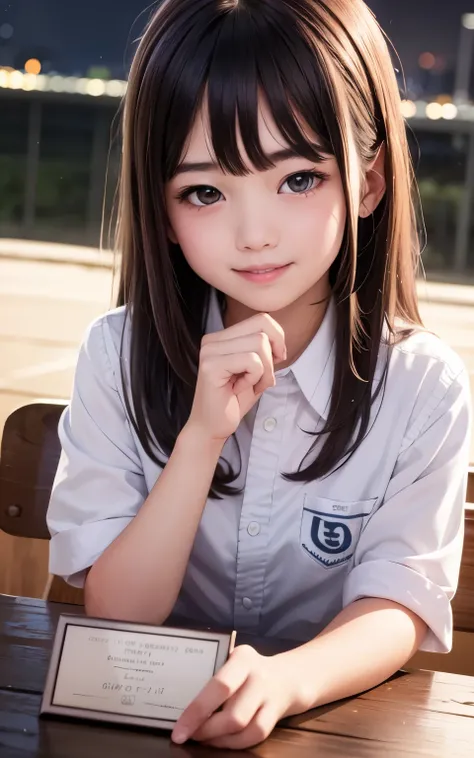 Tabletop, highest quality, 8k, 8-year-old, 10th Generation, Primary school students,Young Face,RAW Photos, Absurd, Award-winning portrait, smile, blush,alone, (night:1.8), Idol&#39;s face, Delicate girl,Delicate body,Digital single-lens reflex camera, Look...