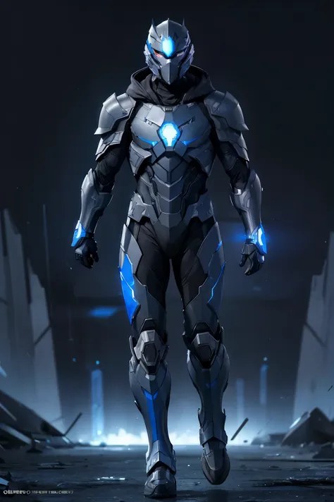 advance armored boy, grey hood and cape, background dark space battlefield, heavy rain, blue short hair, blue glowing beautiful ...