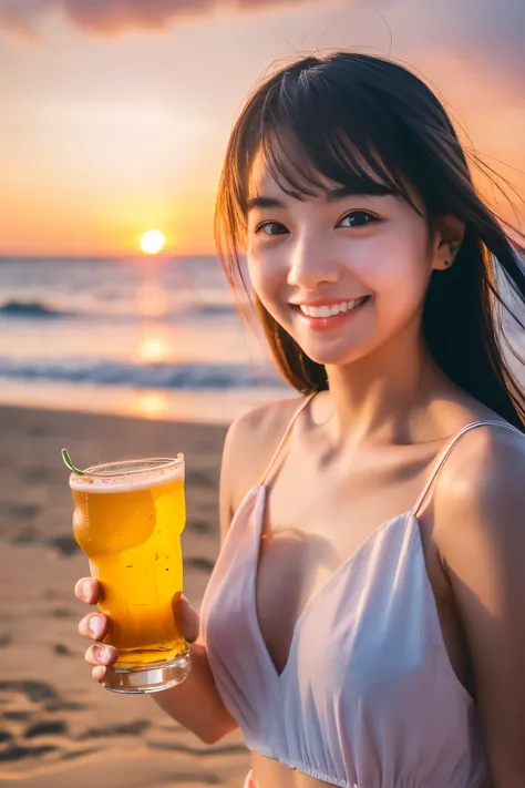 A beach with a beautiful sunset、A toast with beer、A very cute face like an idol、Looks like a young face、20-year-old female、Gentle and cute、A kind smile、Cleavage、one piece、whole body、RAW Photos、Genuine、Artistic、Real Stick、High resolution、Genuine Life、No cop...