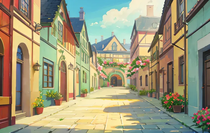 a school surrounded by flower gardens , fantasy , feathers that fall , bright