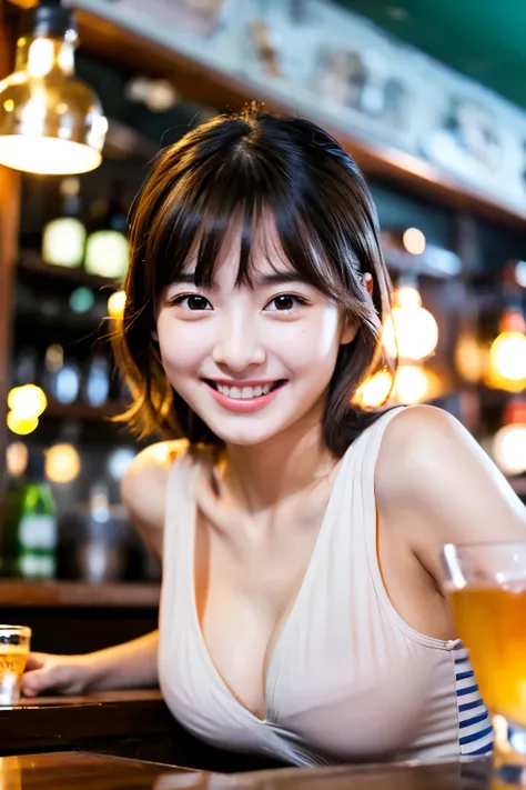 A very cute face like an idol、Looks like a young face、20-year-old female、Gentle and cute、A kind smile、Cleavage、Toasting at a stylish bar、Natural Lighting、whole body、RAW Photos、Genuine、Artistic、Real Stick、High resolution、Genuine Life、No copyright notice