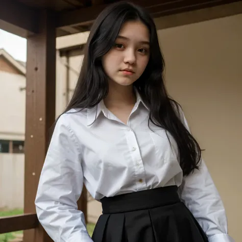 16 years old short girl, tucked shirt, long skirt, long sleeves, black hair