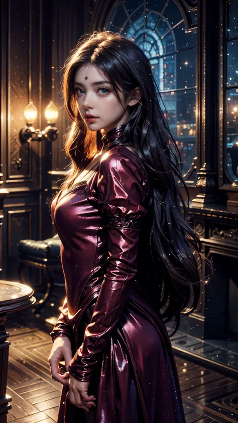 4k, UHD, masterpiece, 1 girl, good face, ((detailed eyes)), very long hair, impressive hairstyle, perfect brasts, fantasy clothing, red clothing, (bare waist:0.8), night city, building, lamps, depth of field, reflection light, ((sparkle)), chromatic aberra...
