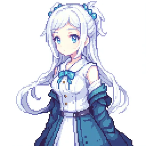 white background, one girl, Clothes like the sea, pixel art, front, Exactly one dot at a time