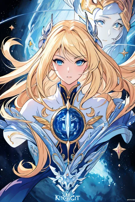 Anime girl with long blond hair and blue eyes in a white suit, concept art, inspired by Lee Chevalier, ArtStation, fantasy art, portrait girl knights of the zodiac, girl knights of the zodiac, very detailed exquisite fanart, Extremely detailed Artgerm, por...