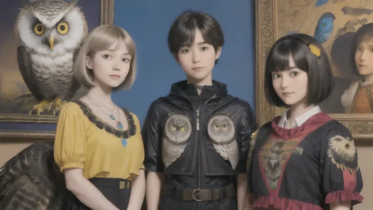 224 Short Hair, 20-year-old woman, A kind smile, (There are also colorful owls), (Rembrandt-style painting), ((machinery suit,Clothes with short sleeves)),I can see your abs
