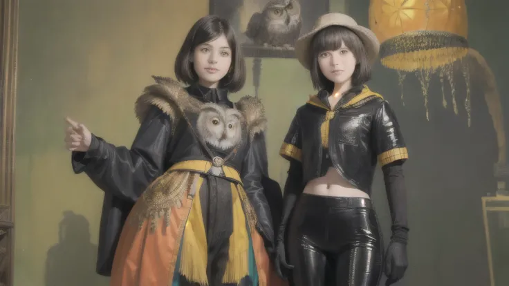 224 Short Hair, 20-year-old woman, A kind smile, (There are also colorful owls), (Rembrandt-style painting), ((machinery suit,Clothes with short sleeves)),I can see your abs