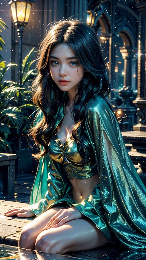 4k, UHD, masterpiece, 1 girl, good face, ((detailed eyes)), very long hair, impressive hairstyle, perfect brasts, fantasy cosplay, ((green cosplay)), strap cosplay, navel, cape, night city, building, lamps, depth of field, reflection light, ((sparkle)), ch...