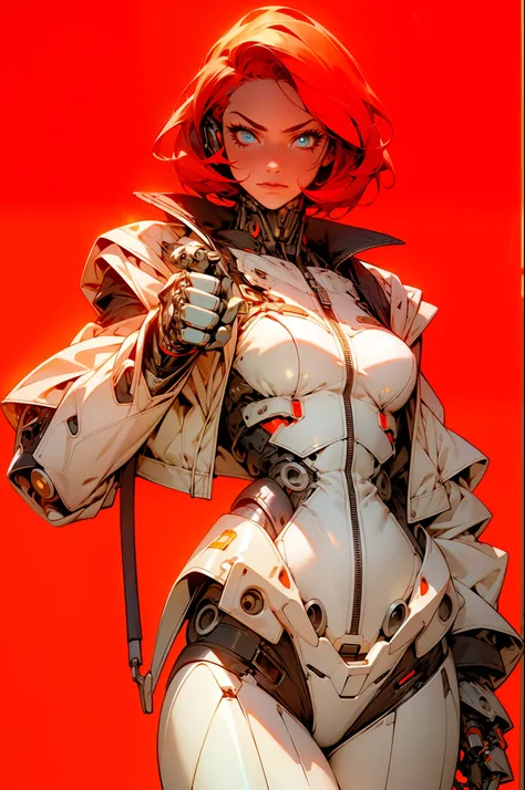 high quality, 4K, masterpiece, fair, cyborg girl, Cowboy shooting, Looking at the audience, Red short hair, girl, Medium breasts, Slender thighs, Robotic Arm, robot body, cyborg body, Intricate details, United, Perfect fingers, Detailed lines, robotic deta...