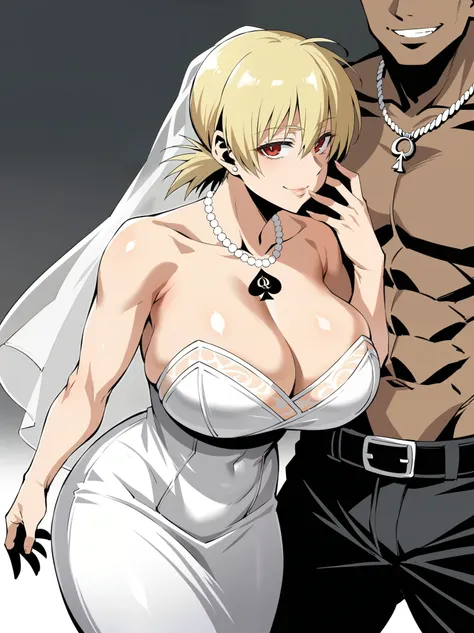 score_9, score_8_up, score_7_up, 1girl, looking at viewer, wedding gown, standing wedding, indoors, hellsing, blonde, red eyes, huge breasts, rating:safe, sfw, closeup, solo, abs, narrow waist, tiny waist, mature female, smile,  necklace, 1boy, dark skinne...