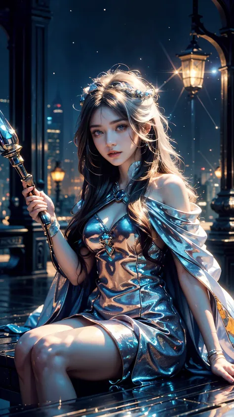 4k, UHD, masterpiece, 1 girl, good face, ((detailed eyes)), very long hair, impressive hairstyle, perfect brasts, fantasy cosplay, ((white cosplay)), strap cosplay, cape, night city, building, lamps, depth of field, reflection light, ((sparkle)), chromatic...