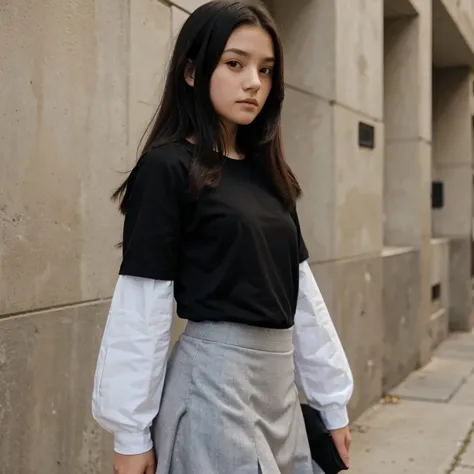 16 years old short girl, tucked sport shirt, long skirt, long sleeves, black hair