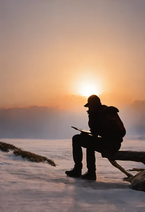 A silhouette of a person engaged in focused work, set against a backdrop of a sunrise or sunset, symbolizing dedication and the pursuit of excellence without attachment to outcomes.