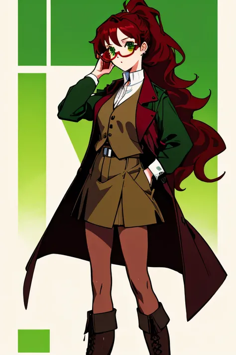 female character wavy dark red hair in a ponytail and green eyes with rectangle glasses 

wearing an elegant white button up, maroon vest, brown coat and brown skorts with tall brown boots
