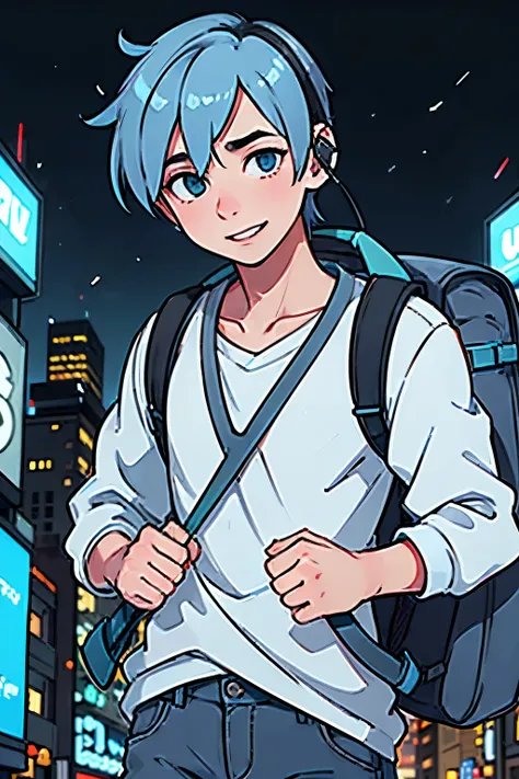 1boy, blue hair, headphones, blue and white coat, jeans, black backpack, jordans, busy streets of new york city background, smile, shy, depth of field, cinematic lighting, chromatic aberration, bloom, best quality, anatomically correct, accurate, super det...