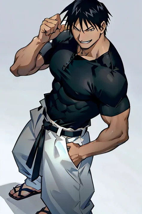 roy mustang from full metal alchemist, disguised as toji fushiguro, wearing tight-fitting black shirt and sports tan baggy train...