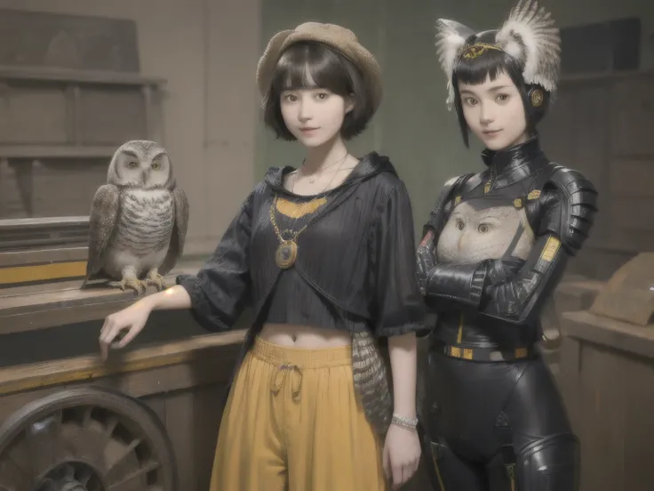 224 Short Hair, 20-year-old woman, A kind smile, (There are also colorful owls), (Rembrandt-style painting), ((machinery suit,Clothes with short sleeves)),I can see your abs