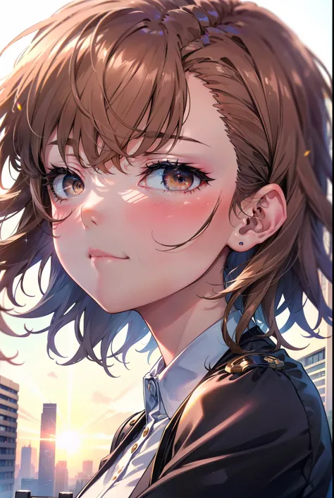 8k,highest quality,masterpiece,(((Pixel Perfect, Perfect in every detail))), 一peopleで, 女の子1people, ,Mycotrose, Brown eyes,Brown Hair,short hair,blush,happy smile, smile, Open your mouth,OL, Black suit jacket, Collared jacket, White dress shirt, Collared sh...