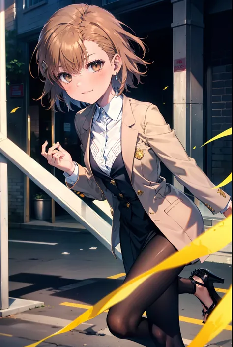 8k,highest quality,masterpiece,(((Pixel Perfect, Perfect in every detail))), 一peopleで, 女の子1people, ,Mycotrose, Brown eyes,Brown Hair,short hair,blush,happy smile, smile, Open your mouth,OL, Black suit jacket, Collared jacket, White dress shirt, Collared sh...