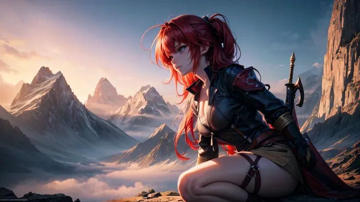 (best quality,4k,8k,highres,masterpiece:1.2),ultra-detailed,realistic,anime,(solo,1.1) anime girl with red hair,holding a reaper sword,mountain background,vivid colors,detailed eyes,detailed lips,longeyelashes,flowing hair,strong and confident expression,d...