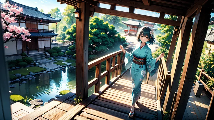 1girl, solo, from above, (white lily flowers), aesthetic, intricate, best quality, detailed background, Sayaka Miki, ((girl wearing a patterned teal kimono:1.2)), (walking in zen garden),  casual pose, detailed textures, posing, floral print, hair flower, ...