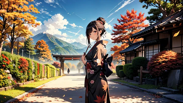 Official Art, Beautiful woman, Kyoto, draw a kimono, Black Hair, Topknot, Flower kanzashi, Cowboy Shot, Outdoor, autumn, autumn leaves, Flower Field, path, Distant Mountain々is changing color