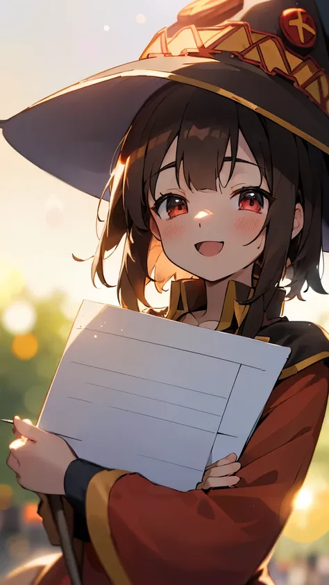 (bokeh, lens flare:1.3), megumindef, witch hat, cape, sunset, ^ ^, backlighting, blurry, blush, , open eyes kawai eyes , collar,...