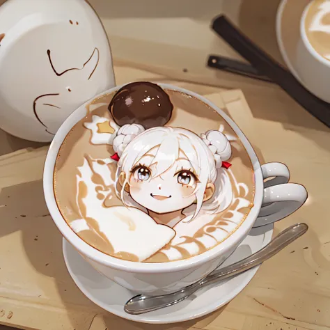 (((very detailed))), high quality, masterpiece, beautiful, coffee, latte, (((latteart))), (((food art))),one girl, human, (hair ...