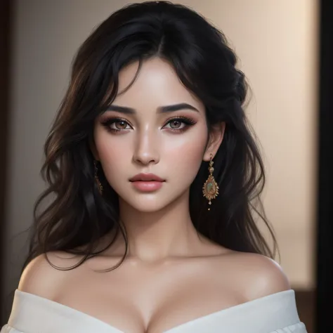 (best quality,4k,8k,highres,masterpiece:1.2),ultra-detailed,(realistic,photorealistic,photo-realistic:1.37),portraits,black hair,sexy woman, seductive eyes,intense gaze, parted mouth,deep blush,flustered,beautiful face,amazing makeup,off shoulder t shirt