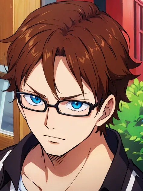 oung boy with brown hair and blue eyes glasses