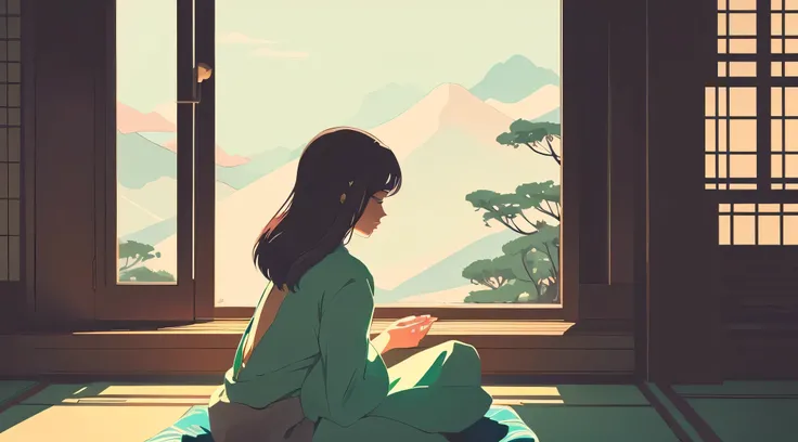 The back view of a beautiful anime-style woman meditating。In the style of illustrations。