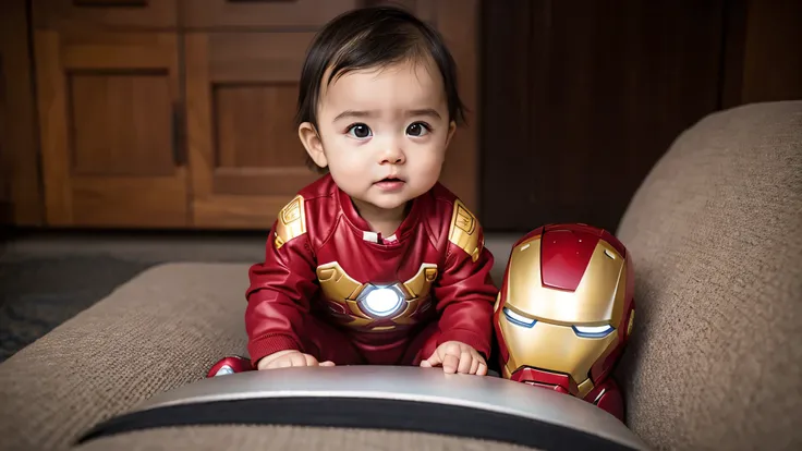 A baby wearing Iron Man&#39;s suit，Standing on the ground，Sci-fi background