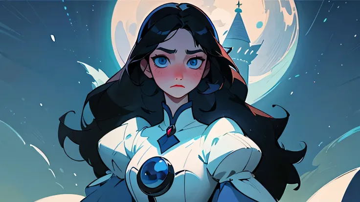 a tall teen moon princess with long black hair, sea blue eyes and snow white skin in castle, worry expression, sad