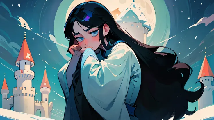 a tall teen moon princess with long black hair, sea blue eyes and snow white skin in castle, worry expression, sad, hands on cheek