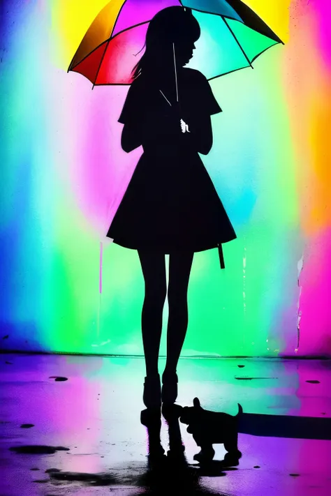 a Girl with umbrella, black shadow, puppy, black paint,luminous design, pastel colours, ink drips, spring lights,background
