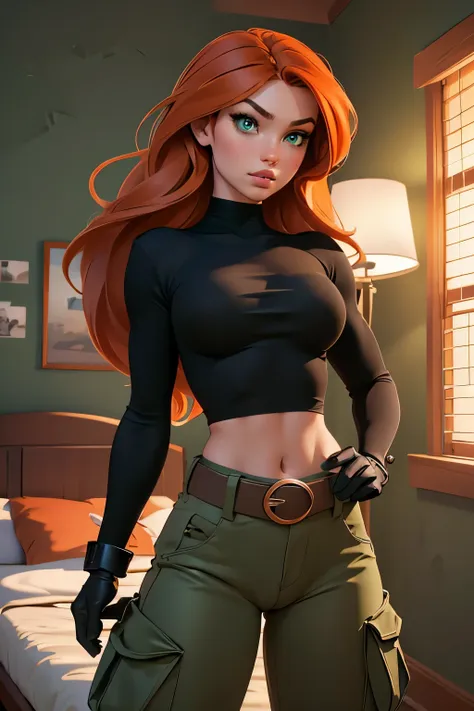 masterpiece, raw, beautiful art, professional artist, 8k, very detailed face, very detailed hair, 1girl, kim possible, wearing (...