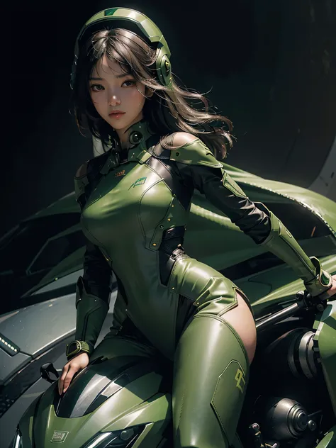 Highest image quality, outstanding details, ultra-high resolution, (realism: 1.4), the best illustration, favor details, highly condensed 1girl, with a delicate and beautiful face, dressed in a black and green mecha, wearing a mecha helmet, holding a direc...