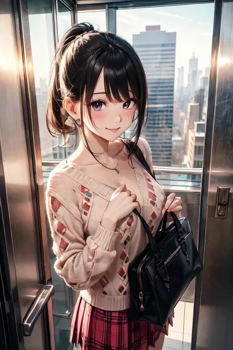 very cute and beautiful girl,(highly detailed beautiful face and eyes),
(smile),blush,looking up,looking at viewer,(argyle pattern sweater),cowboy shot,(white and pink plaid skirt),
standing in luxury elevator in hotel,night city view,holding tote bag,blac...