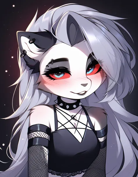 score_9, score_8_up, score_7_up, source_furry, rating_safe, by magnaluna, loona posing seductively in a goth bedroom, anthro, blushing, 