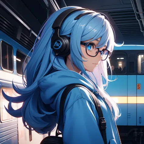 A girl, sky hair, long hair, feminime, soft smile, sky blue hoodie jacket, glowing blue eyes, train background, wearing headphone, side view, glasses,