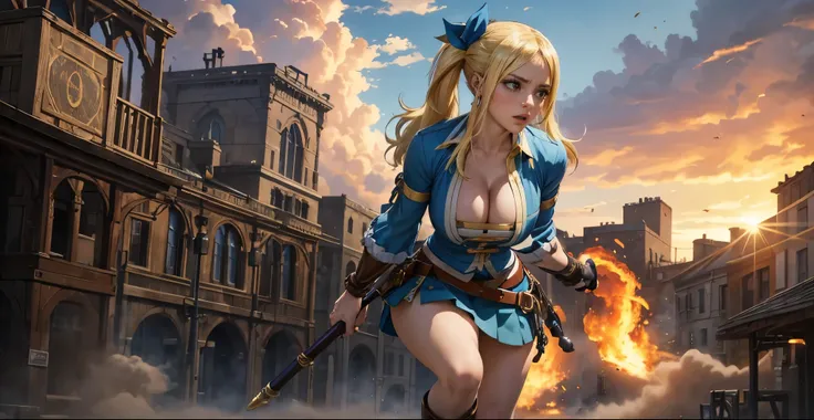 cleavage,(Best quality,4k,8K,a high resolution,masterpiece:1.2),Hisui E. Fiore - Fairy Tail, detailed,sexual),((cute expression)),blue ribbon,(blonde),(Grey eyes),(blue shirt with gold buttons),white mini skirt,whip on the belt,Wellingtons,market,(baguette...